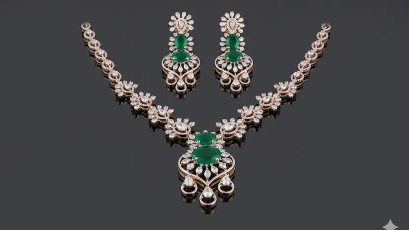Diamond necklace set with emeralds