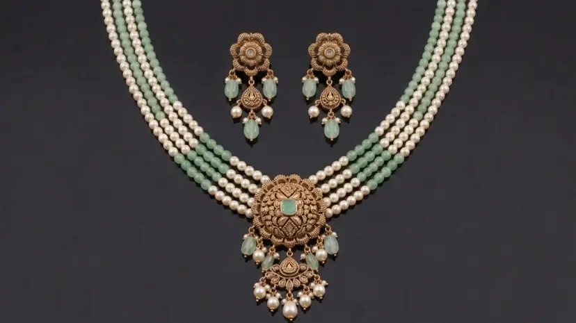 Gold Necklace Emerald Pearl